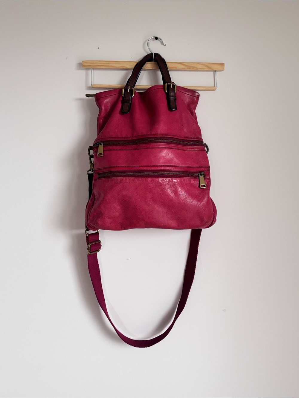 Fossil Explorer Foldover Leather Crossbody Tote Bag Pink Magenta OS